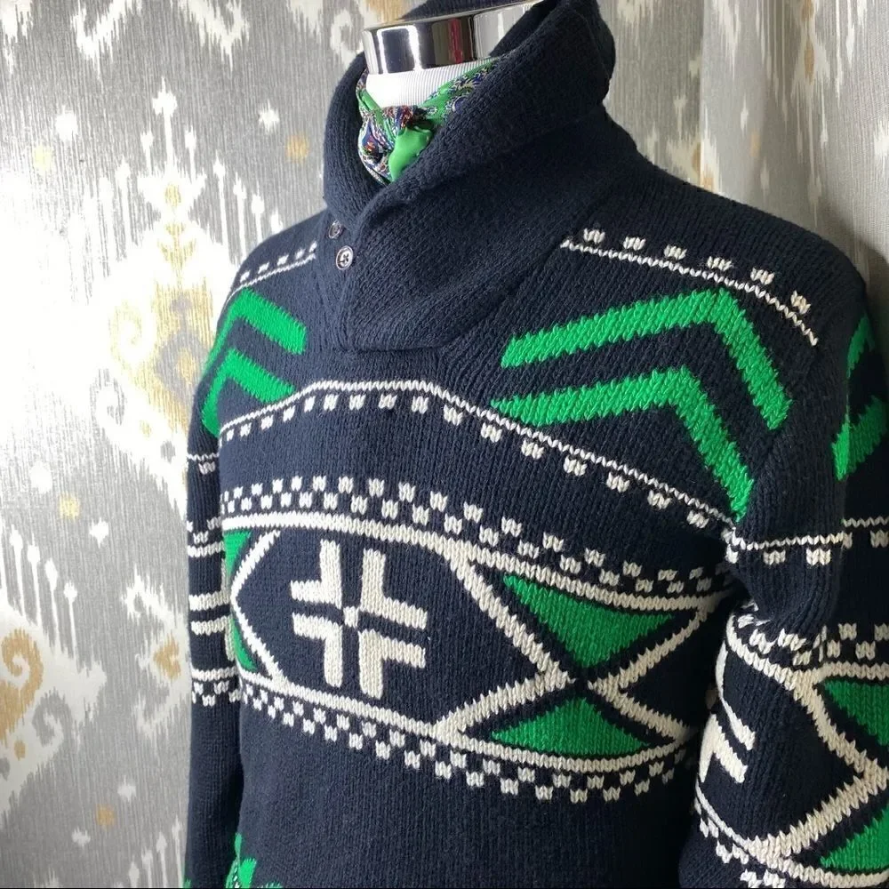 Polo Ralph Lauren Black & Green Multi Geometric Shawl Collar Sweater